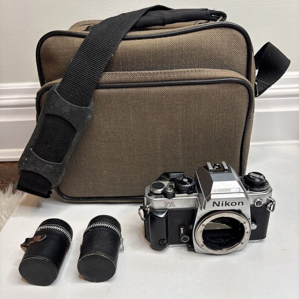 Nikon FA 35mm Film SLR Camera Body, Black With Case And Vintage Film Holders